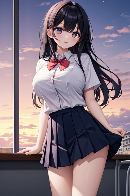 (​master piece, Best Quality:1.3), (Ultra detailed 8K cg:1.2), (hyper realisitic:1.35), (Photorealistic:1.45), (Realistic:1.4), Cowboy Shot, (If you look back:1.2), (from the rear:1.4), 1 beautiful Japanese girl, 19 years old, super model, Japanese Idol, huge tit(Breast Abundance）、Voluptuous thighs and buttocks、red blush、ahe face、 Sweaty skin, Collared shirt, Very short pleated skirt, [High School Uniform], ,, (Tilt the stand forward:1.4), (to stand:1.1) in a street,