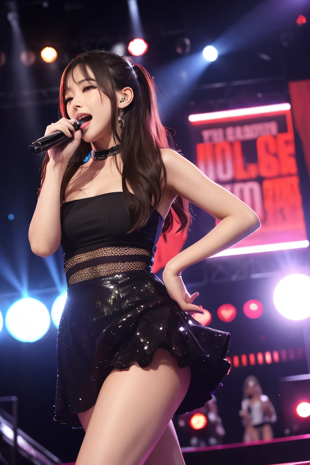 Araffed Woman in a Black Outfit on stage with a microphone, Lisa from Blackpink performing on stage, Lalisa Manoban from Blackpink as if she were dancing, images from the show, Korean Idol, Jia, IU, Ariana Grande