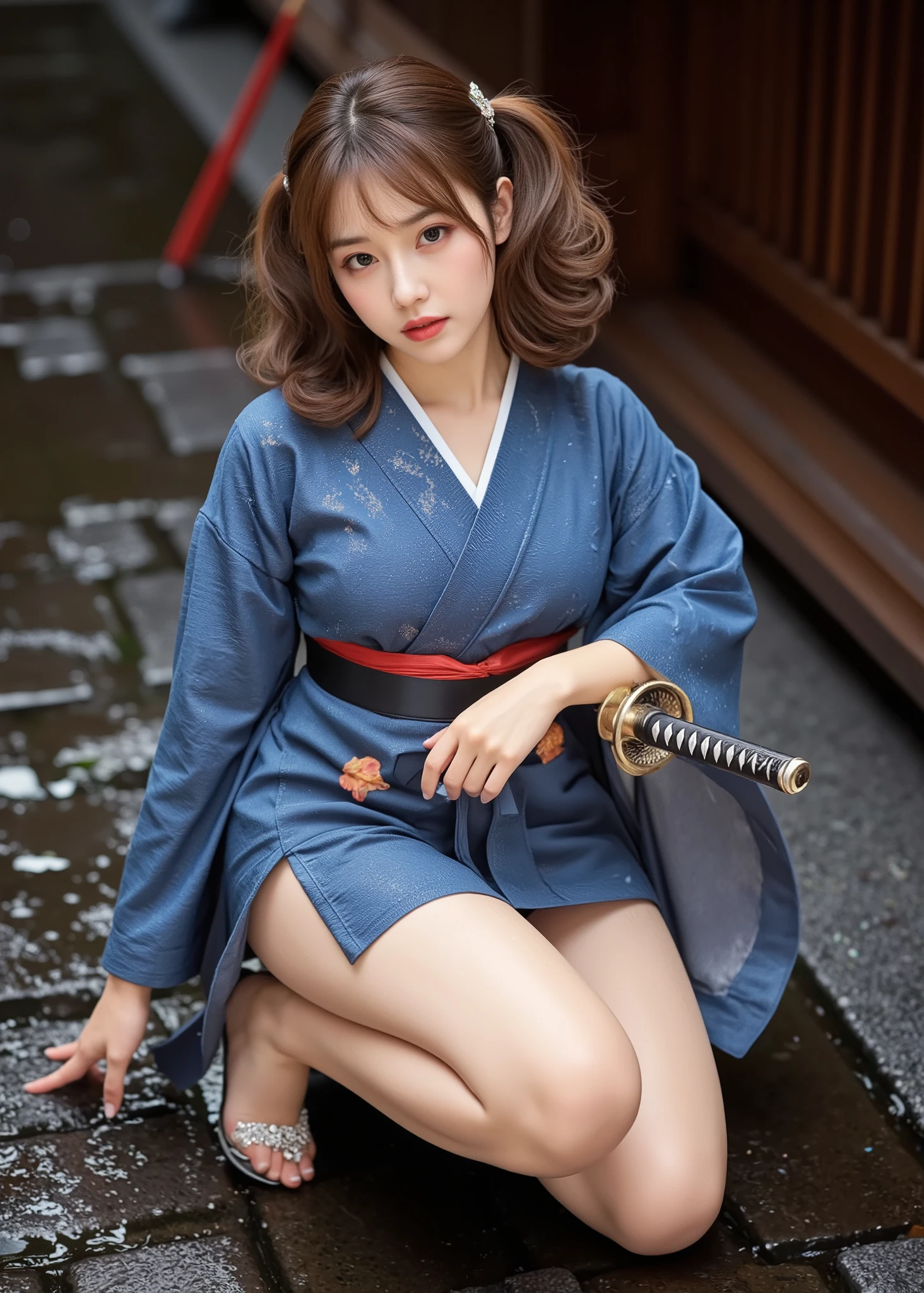 ( realistic, photo- realistic:1.4), (masterpiece, top quality:1.2), RAW photos , high definition, 8k,超 high definition, Soft light, dramatic lighting, Front view looking down slightly from above , Early 20 year old female , height 160 cm, very elaborate eyes, perfect and detailed face , very elaborate nose , a young gravure idol with a healthy body, , ringed eyes, Healthy Smile, Japanese atmosphere, anime girl cosplay, Anime Cosplay, In kimono, Japanese Goddess, Traditional Japanese background, rain, Cosplay Photo, , 彼女は首を傾げてrainに濡れた石畳にしゃがんでいる,, she's wearing a fancy dark blue kimono , She wears a traditional Japanese sword on the right side of her waist,, She wears a Japanese sword on the right side of her waist,, She is putting her hands on a Japanese sword , wears red and black clogs for women, red Japanese umbrella spread out and leaning against the back , Feminine soft and rich body , small breasts, Glamorous lower body, Firm hips and thighs , natural makeup, brown twin tail hair , anatomically accurate body , , Anatomically correct limbs, anatomically accurate hands and fingers ,