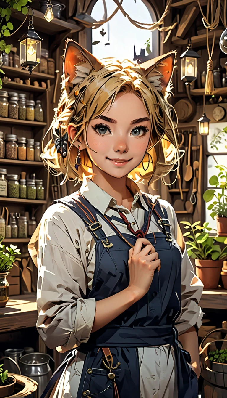 1girl,cat ears,kawaii,cute,fantasy clothes,little smile,BREAK,(fantasy tool shop:1.3),nice pose,a bunch of medicinal herbs,potion,hardware,aisles,shelves,tool section,hardware section,a balance,plants, lantern,wooden bucket,scrolls,blackboard,vase, pot,jar,knife,paper,price tag, ticket,rope,poster,anime visual,masterpiece,best quality,ultra detailed,8k portrait,unity 8k wallpaper,super fine illustration