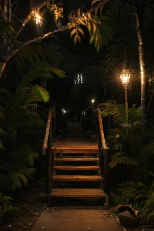 Jungle walkways, wooden pillars, bamboo staircase, trees, night, lit torches, crt tv