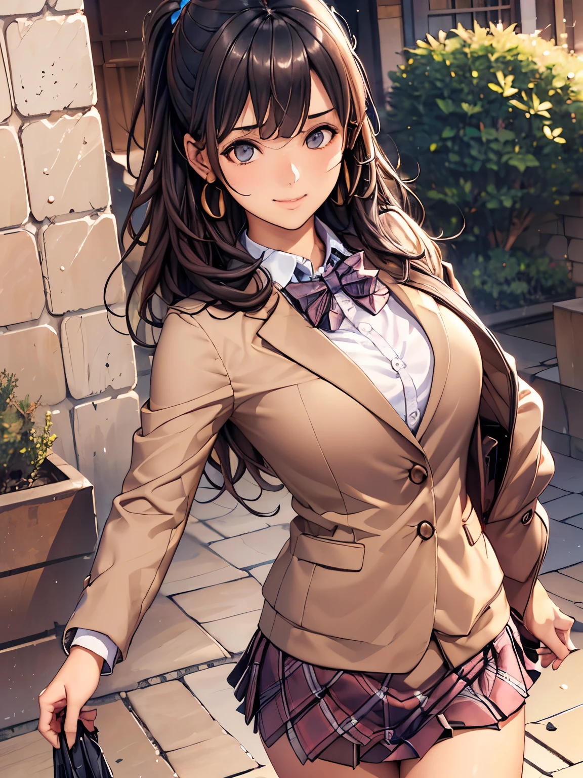 very cute and beautiful girl ,( very detailed美しい顔),(smile), happy , cowboy shooting,
( brown jacket:1.2), collared shirt ,Checkered Bowtie BREAK Fine Legs , absolute domain,brown shoulder bag, brown boots ,
stylish pose, dynamic angle, hair ornament, black hair,(Blue plaid mini skirt :1.2),Rose Garden Arbor,Stone Stairs,
( top quality,Masterpiece:1.2), disorganized , high definition, very detailed, very detailed,32K, 8k resolution,
intricate details,Cinematic scene, detailed background,Alone, dynamic angle,
Alone, natural light, hair fluttering in the wind, Beautifully detailed skies ,