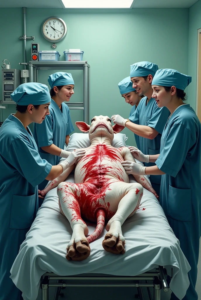 The scene captures horror, blending grotesque and cartoonish elements, with dramatic shadows, a faded image, slime effects, and a touch of the supernatural. atmosphere. Distorted Dimlit Medical Exam: Description: In a surreal dimlit medical examination room, patients are subjected to bizarre and horrifying procedures they are surrounded by a lush plants. The old walls are lined with grotesque anatomical charts print wallpaper, and the examination table is surrounded by(lush plants, instruments that blend medical and torturous elements). The evil doctor(fat creature)-with an expression of twisted curiosity(performs unsettling experiments, elongating limbs or merging body parts in grotesque ways). Its a dimlit butchery romm with a lot a lush bloody plants. Rotten Yellow and Midnight Blue(((Yellow/Blue)-color palette)): Rotten yellow for decomposing flesh and bile. Midnight blue for the dark, oppressive sky and shadows. Bone white for exposed skeletons and teeth, creating stark contrast. 
