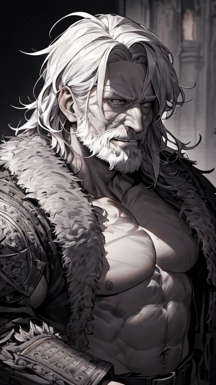  top quality, (Background details), ｟ Anatomically Correct ｠、 high contrast, Detailed Original Picture , Dynamic art、 upper body、Bad guy face、 Watching Viewers 、｟Topless｠、｟Viking｠、Gray Hair、｟ all back hair｠、 musculoskeletal々、 big body 、Champion's Belt、 middle ages, Deeply engraved, ｟Gray Hair｠, ｟short white beard｠ 、 detailed face , , Exhilarating smile 、Sharp Eye, ( black background) 、｟Beautiful line art｠