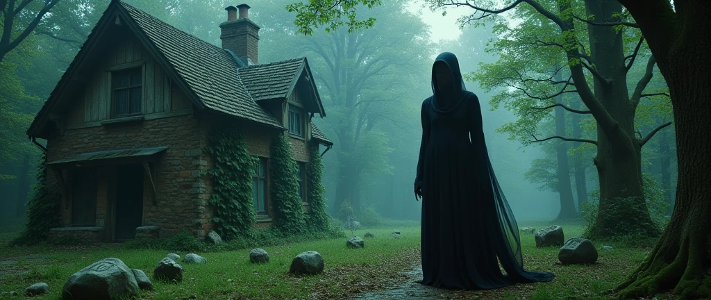 an old abandoned cottage, in Southern England, dense forest in the background, image of a wiccan witch standing in the woods, wide angle shot, cottage situated to the left of the image, pagan element, stones with runes, a misry day, detailed, intricate, atmospheric horror move aesthetic