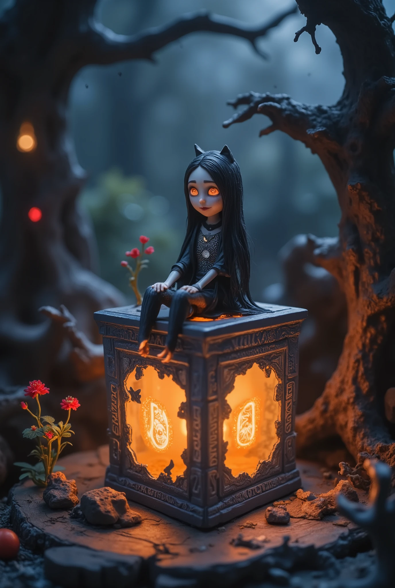 Tim Burton style, Alice in Wonderland. A very detailed diorama in a whimsical , matte art style , with a glowing mystical box . orange light flows from its runes through cracks and openings . The box is surrounded by eerie , threatening trees .The scene is set in a dark forest , where frightened glow , The eyes are magically attracted to a Mahou Shoujo, that sits on the box . (nightmare before Christmas makeup, Face Painting:1.5), The textures are soft , matte and toy-like , with a handmade premium look .