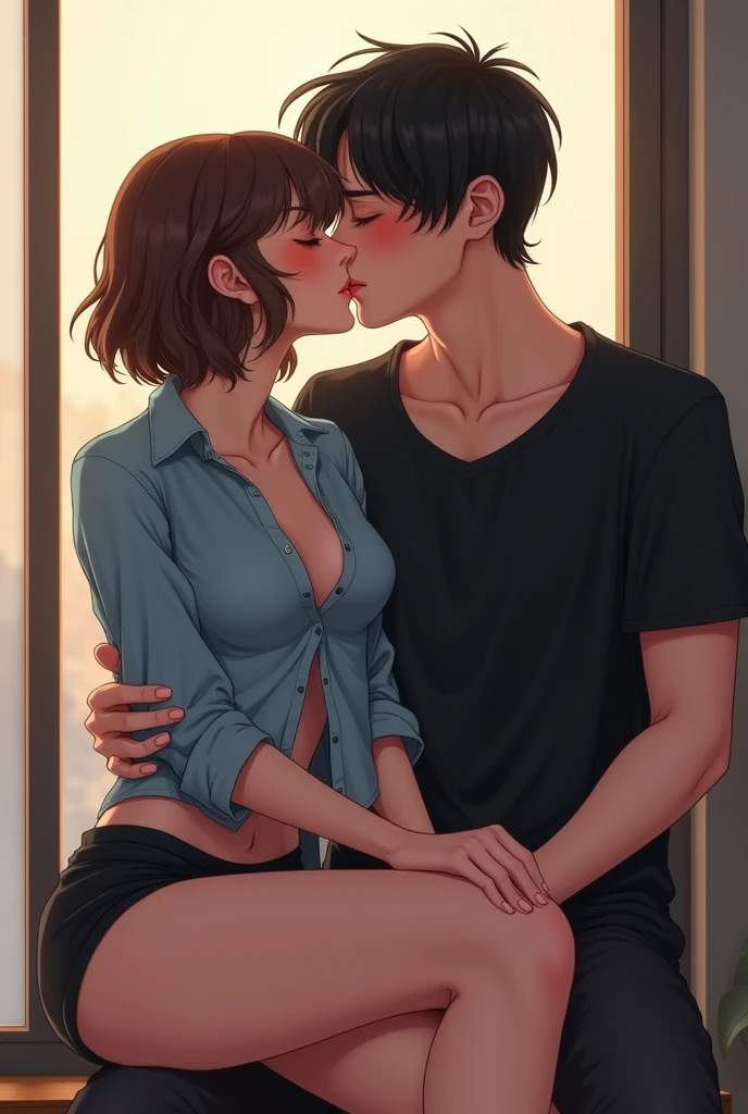 Amazing portrait of a sexy and woman wearing a black and white striped t shirt and a dark green skirt kissing and making out passionately with a shirtless boy on the bed in an intimate setting