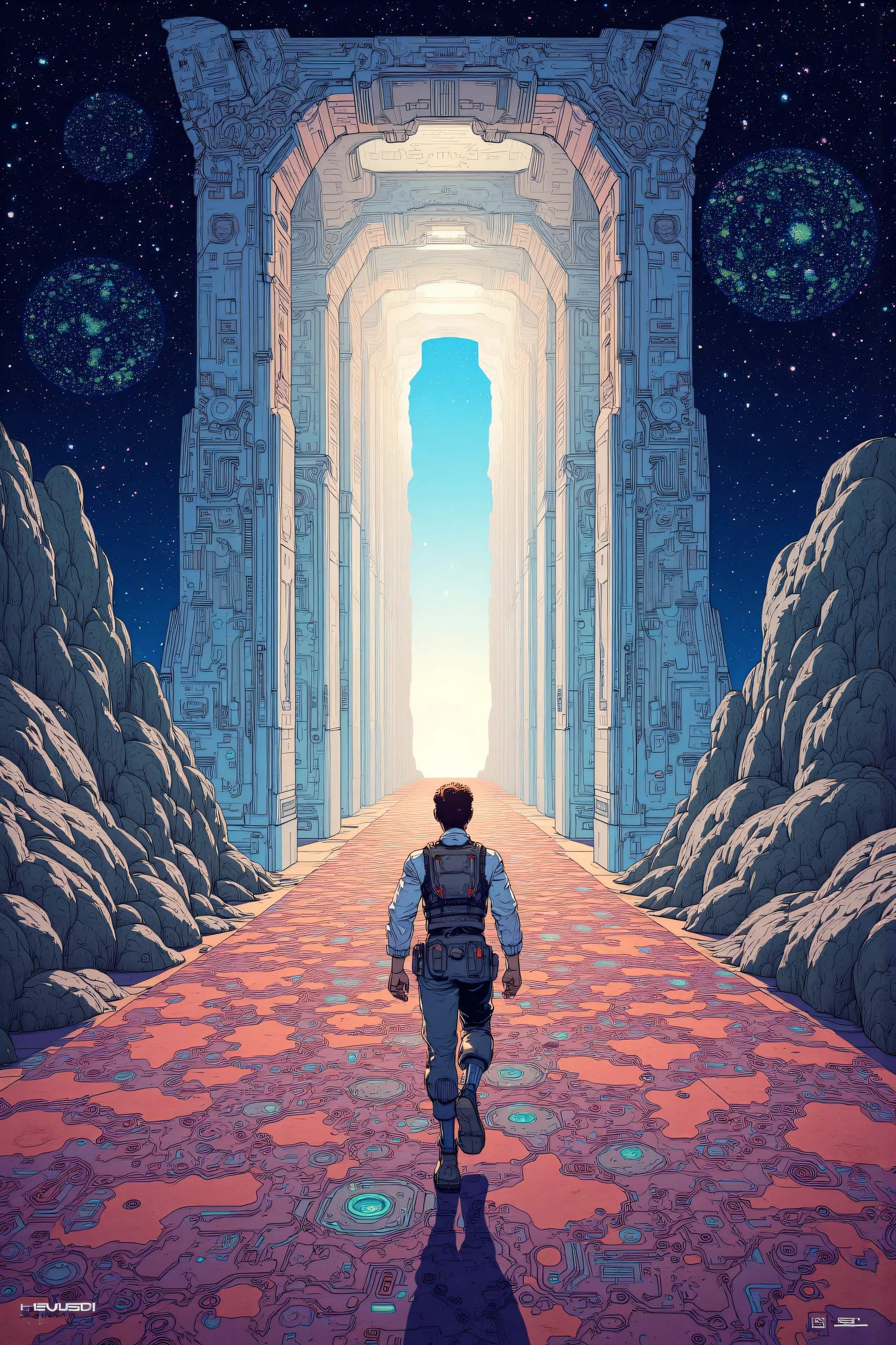 Infinity Corridor painting leading to the starry sky ,  Joffra Boschart depicting a man running through the Infinite Corridor ,  CG Society Contest Winner , Space Art, Ancient Sci-fi Art ,  rising universe , Decorative Spaceship Paintings ,  future city star gate , Ancient futuristic ,  Greg Beeple , Cosmic architecture ,  mid-journey multiverse 