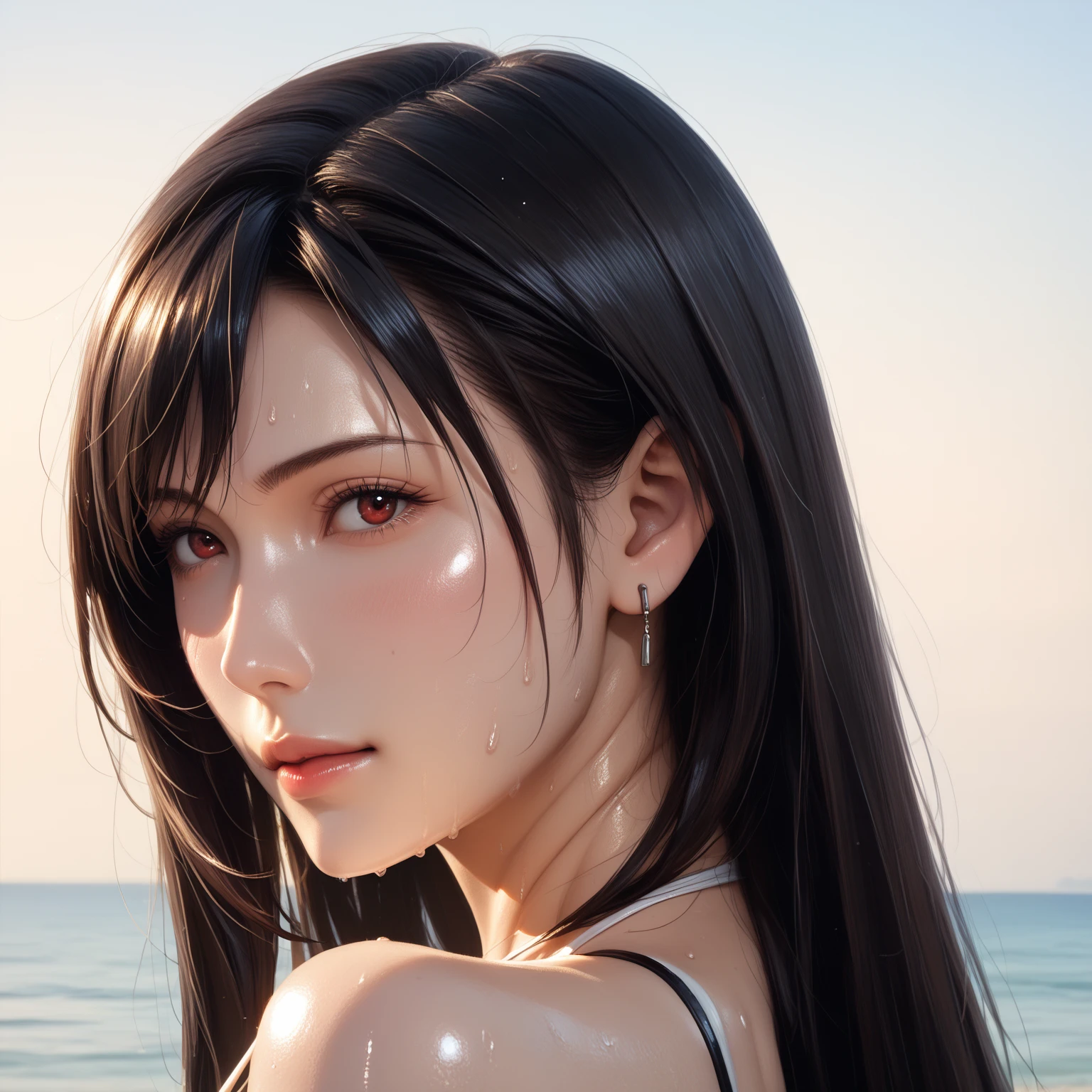 8k, masterpiece, RAW Photos, highest quality, Realistic, Very detailed, Depth of written boundary, Cinematic Light, Anatomically correct body,
One beautiful 40 year old woman, Very beautiful face, Exquisitely detailed face, (A calm and gentle face:1.4), Very delicate skin texture, Transparent muscle, Shiny white skin, Glamorous Body,
(Wavy black long hair:1.2), (Sexy Breasts:1.1),
(White leotard swimsuit:1.2), (Detailed cloth texture:1.2), (Gorgeous necklace:1.1), (Gorgeous earrings:1.1),
(Dark starry background:1.4), (Milky Way:1.1), (milky way:1.1), (shooting star:1.1), (Dark coastline at night:1.4), (Pitch black sea surface:1.4),
(Standing in shallow water on a sandy beach:1.2),
(Upper body close-up:1.2),