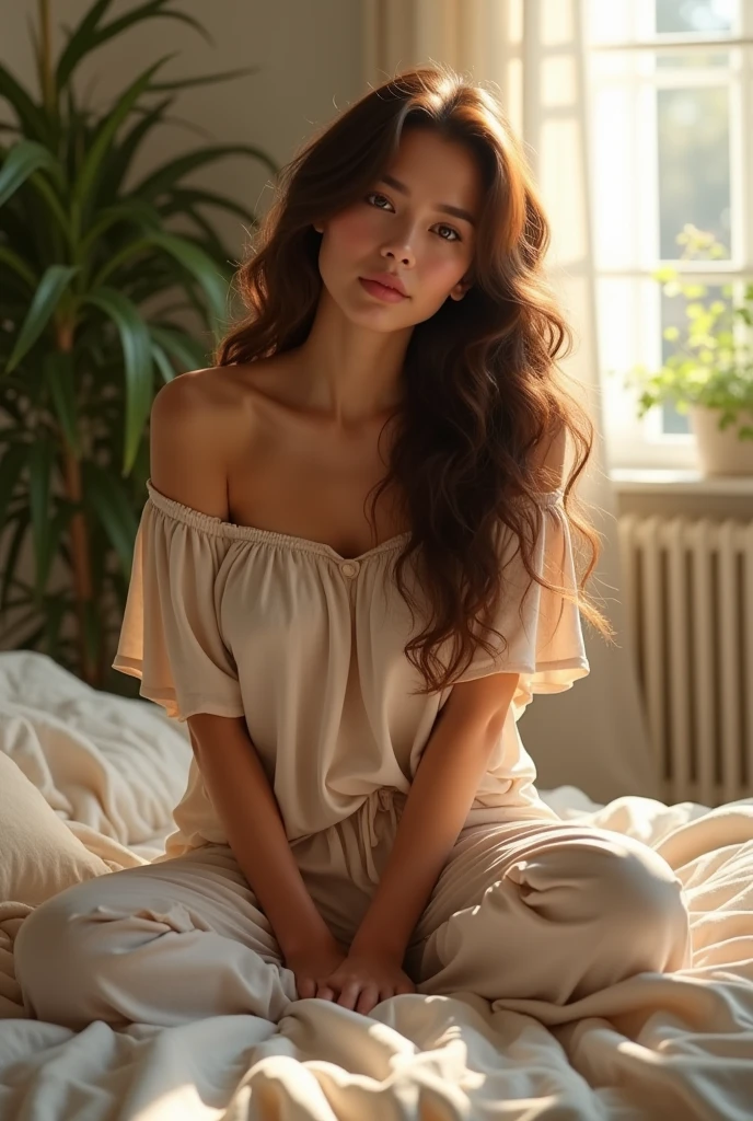 (photorealism:1.2), beautiful woman,  with medium proportions, pronounced breasts sitting on bed, wearing loose off-shoulder top, pajama pants, long brunette hair, indoors, soft lighting, plants in background, window with sunlight, cozy room, relaxed pose, realistic, intricate details, warm colors, by Greg Rutkowski, by Alphonse Mucha