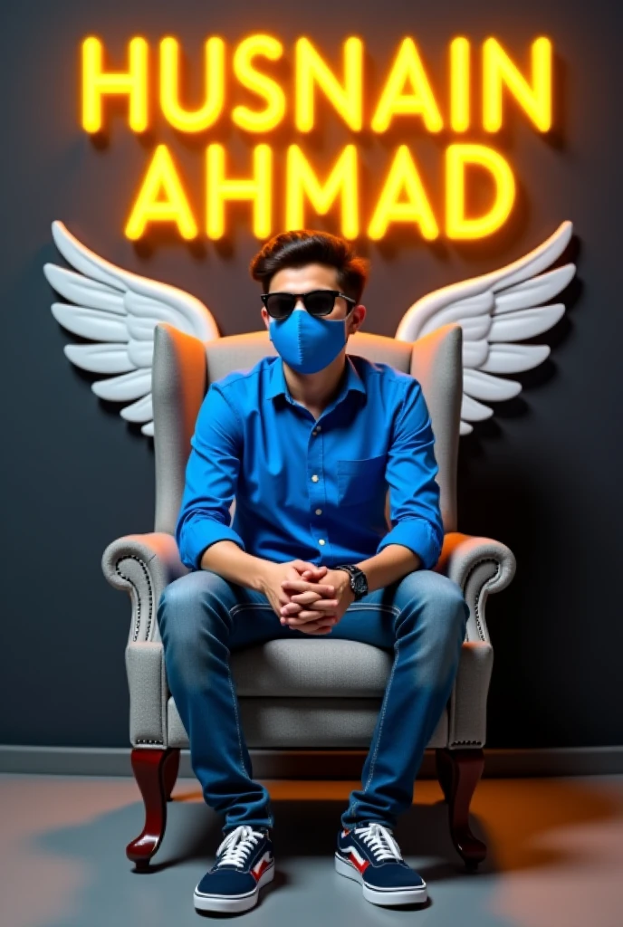 4TH PROMPT :- Create a 3D illusion for the profile picture where a cute 16 year old boy in army dress is sitting comfortably on the fort , wearing black mask,of the King of Beasts throne. Indian flag in hand And gandhiji next to me. Wearing sneakers, he looks ahead. “Amar
” is written in large, orange neon light font on the dark gray wall in the background. He has no shadow and has Indian Tricolor colored wings