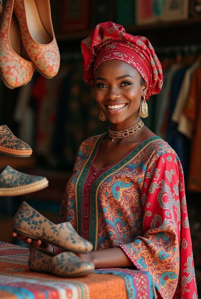 An African woman wearing long Hijab selling footwears in a big store called 'Solace store' written boldly in the store