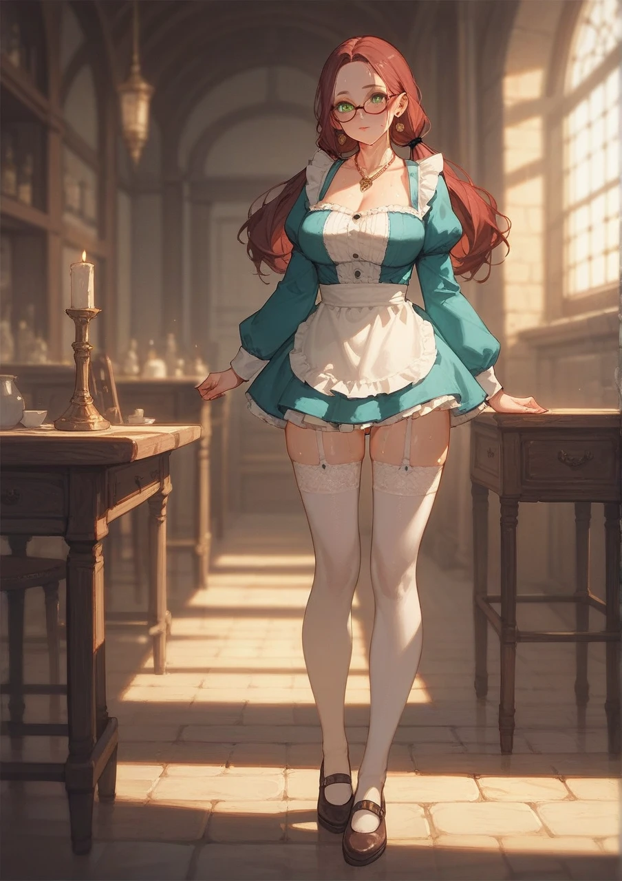 Illustration, masterpiece, ultra quality, view from below of a young seductive busty short strawberry hair freckles wide hips big raised ass maid wearing a short maid dress pulling up her skirt in candle lit room