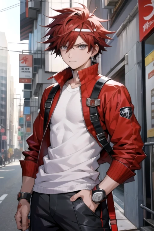 Young man name Rulax, Rulax has short wild messy red hair, standing looking at the viewer, he is wearing a urban samurai outfit, anime coloring, Danganronpa style, high details, highres, best quality, super detail, masterpiece, UHD, retina