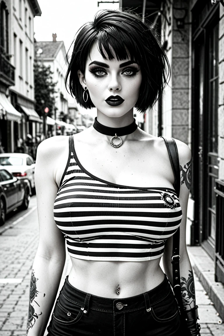  A western goth girl with short hair , pale skin, A sleeveless black and white striped top , with one shoulder outside the shirt and with large breasts, round and soft .  doesn't wear underwear even though her breasts are still tall. With a western face  