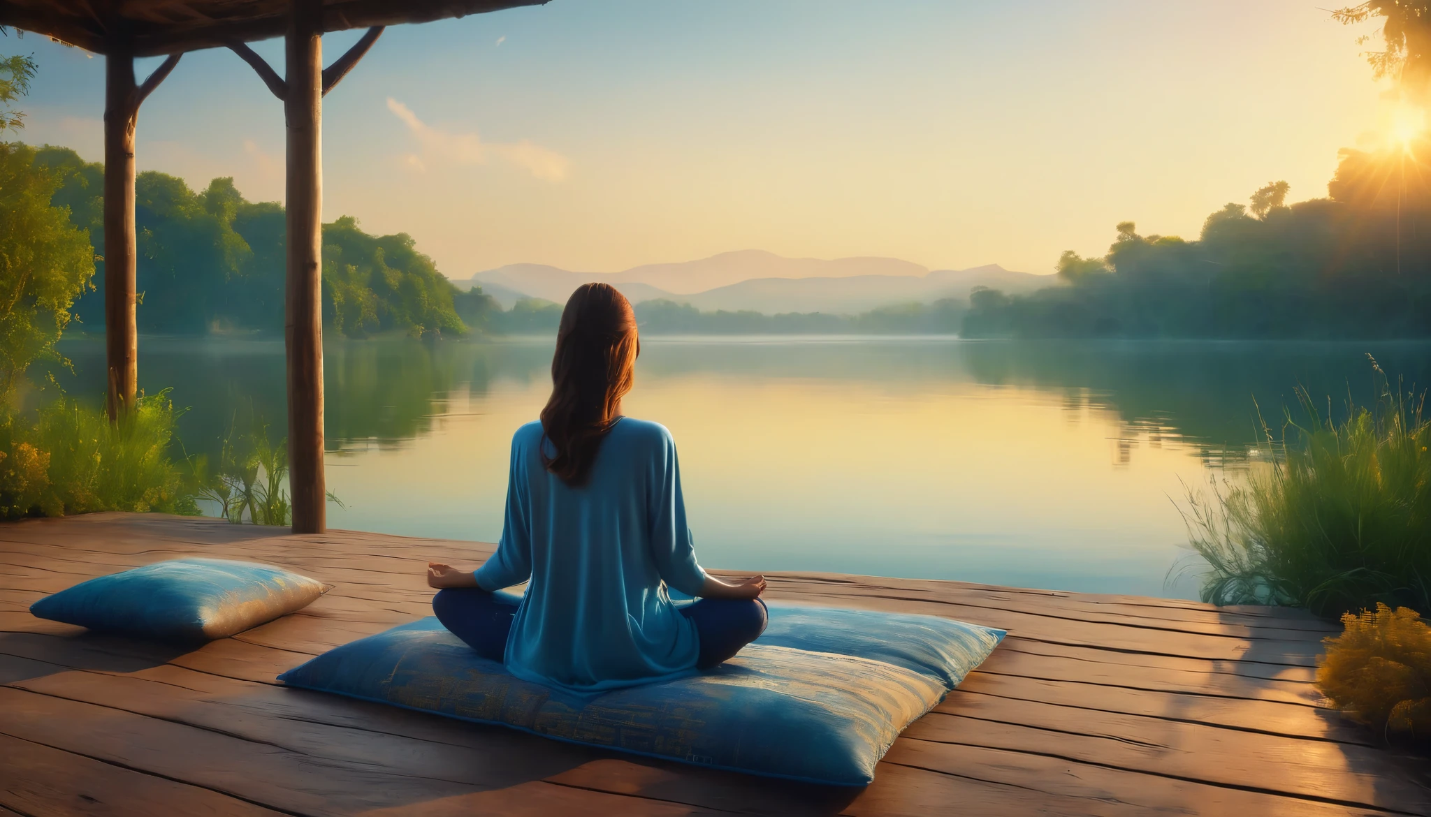 A woman filmed with her back facing the sunrise in a meditative position with nature and a calm lake around her, the woman is sitting on a rug and a cushion on a wooden pier, a color palette s]in shades of blue and yellow.. ultra realistic image,