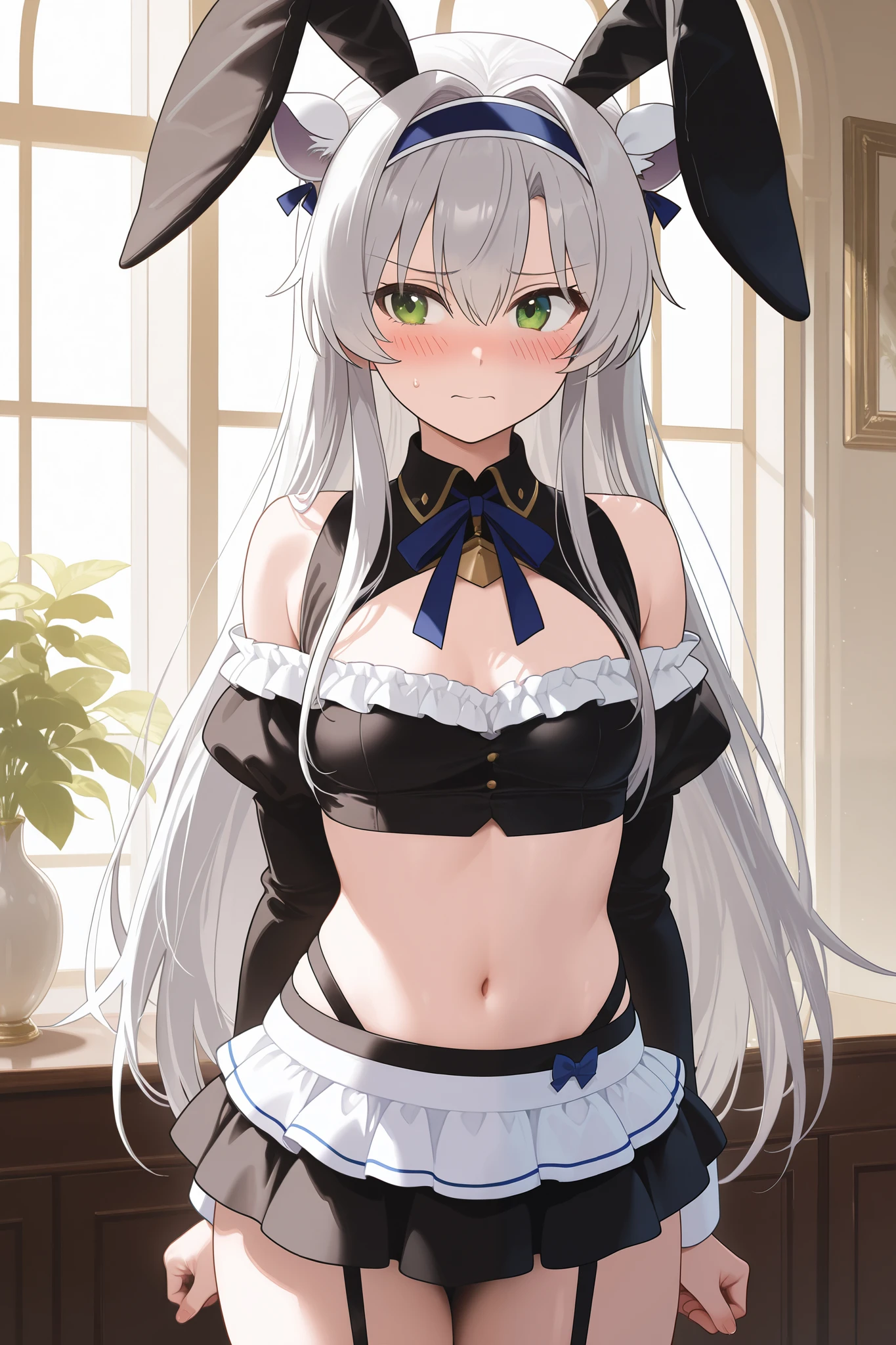 1girl, solo, (masterpiece, best quality), simple background, white background, blush, white hair, long hair, twintails, blue eyes, yellow eyes, heterochromia, bangs, small breast, hair clip, upper body, looking at viewer, bare shoulders, playboy bunny, leotard, rabbit ears, bowtie,