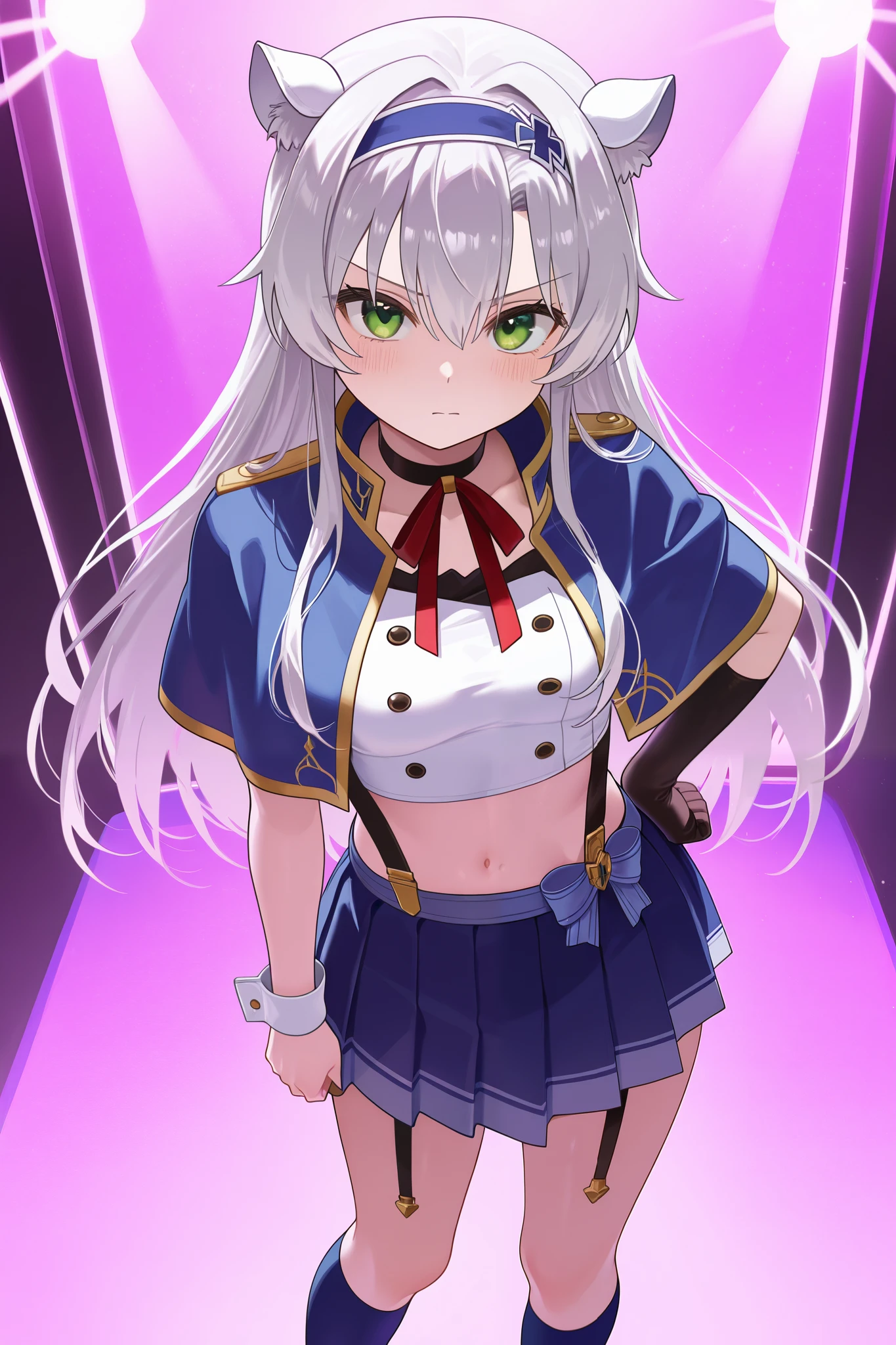 NSFW,masterpiece, top quality, high definition, very detailed,Sistine＝Fiebel 、 Roku Denashi Magi Instructor and Akashic Records、 green eyes、 gray hair、stupid hair、 small breasts、 long hair、 Blue Hairband 、 fake animal ears ,Arzano uniform , crop top、 blue capelet、 blue knee socks 、 neck ribbon、 choker 、 garter strap、 wrist cuff on one side 、One glove、Uneven gloves 、Pleated skirt、Suspender skirt、abdomen,(Prostitute),Nightlife