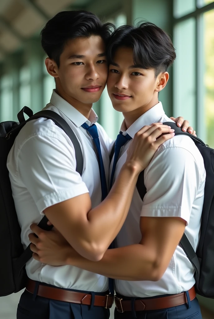 2 boys,Thai guy,Gay Couple, handsome,cute,teenager,smile,high school student,blink,Normal body,totally naked.,The penis is beautiful and age-appropriate..,in the classroom.Show each other&#39;s penises