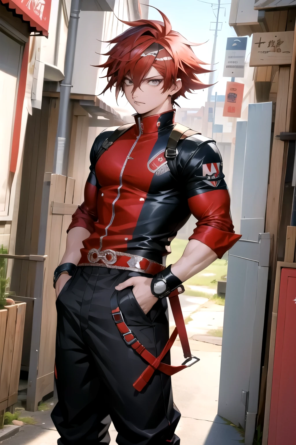 Young man name Rulax, Rulax has short wild messy red hair, standing looking at the viewer, he is wearing a urban samurai outfit, anime coloring, Danganronpa style, high details, highres, best quality, super detail, masterpiece, UHD, retina