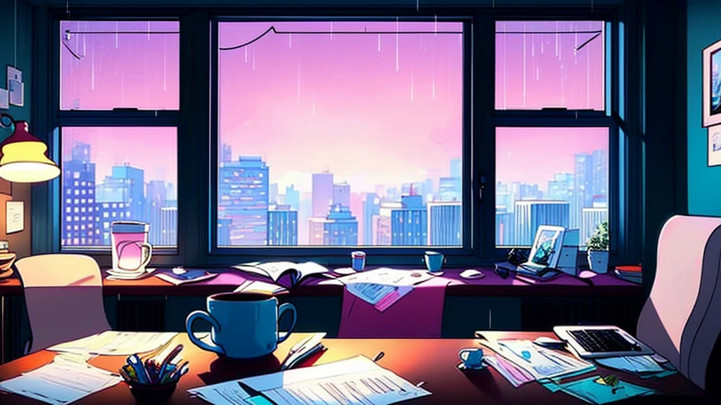 Create a lofi aesthetic illustration that captures a sad and reflective mood. The scene should depict a dimly lit room with a desk, a closed laptop, and soft, warm lighting from a desk lamp. There should be a window showing rain outside, with dark clouds and subtle reflections on the window. Add details like empty coffee mugs and scattered papers, creating a sense of solitude and introspection. The colors should be muted, with soft pastels and darker shades to enhance the melancholic atmosphere. The overall style should be relaxing but convey a deep, emotional sadness