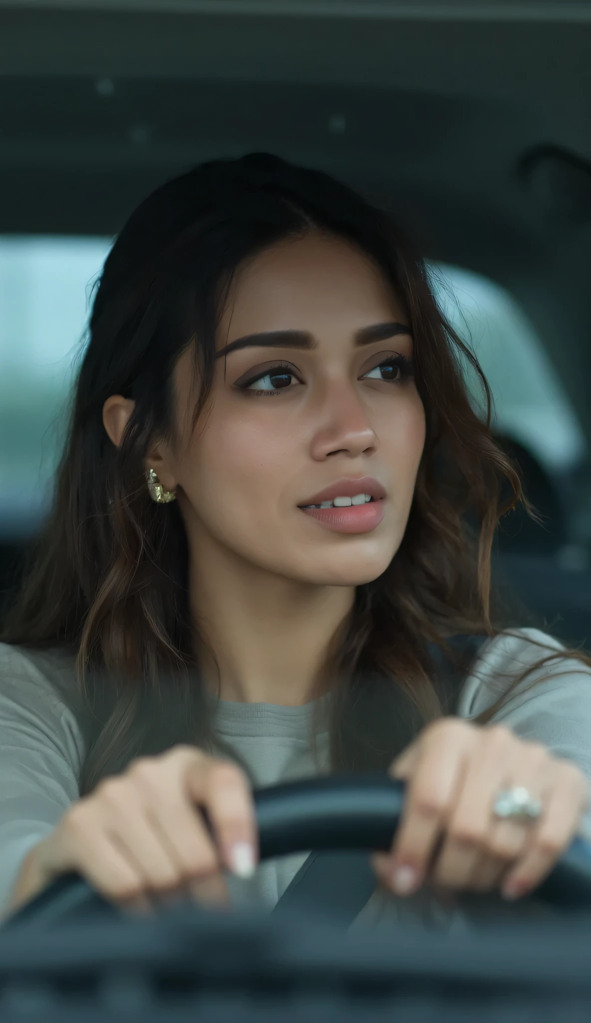 detailed edges, detailed image, perfection style, A perfect photo of a woman driving a car in the rain, 1girl, solo, long hair, black hair, jewelry, teeth, blurry, lips, ring, clenched teeth, ground vehicle, realistic, car, driving, steering wheel, detailed face, detailed body, detailed hands, detailed eyes, detailed nose, detailed ears, detailed hair, detailed, perfection, detailed teeth, detailed skin texture, wrinkly, detailed fingers, detailed mouth, beauty, realism, real, detailed hair, detailed pores, detailed background, sharp image, detailed lips, different race, different color, different haircut, different skin tone, different, different people, different pose, perfection style, brown hair, 1boy, male focus, motor vehicle, rain, photorealistic