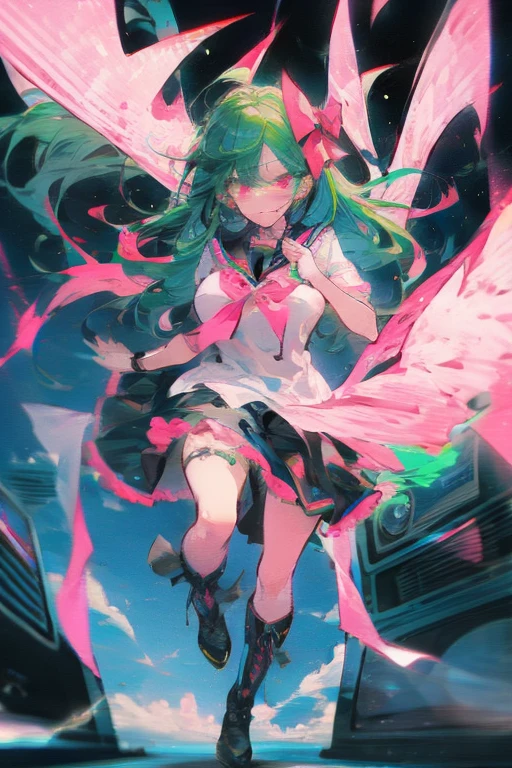 Manami, green hair, pink eyes, black seifuku, short sleeves, stockings, boots, large breasts, crt tv