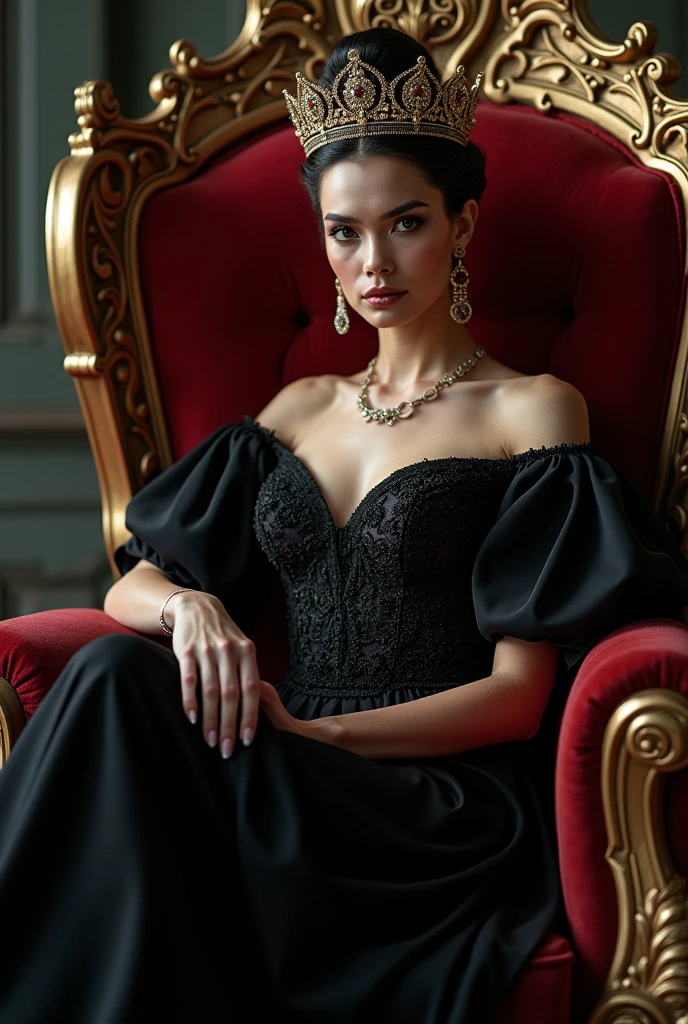 poloid frame 1940s elegant lady, sophisticated trophy wife, femme fatale, bangs hairstyle, formal dress gown, sitting on throne, formal posture, glasses, quaint, elegant, portrait, high quality, realistic, photorealistic, 8K, vivid colors, studio lighting, chiaroscuro, dramatic lighting