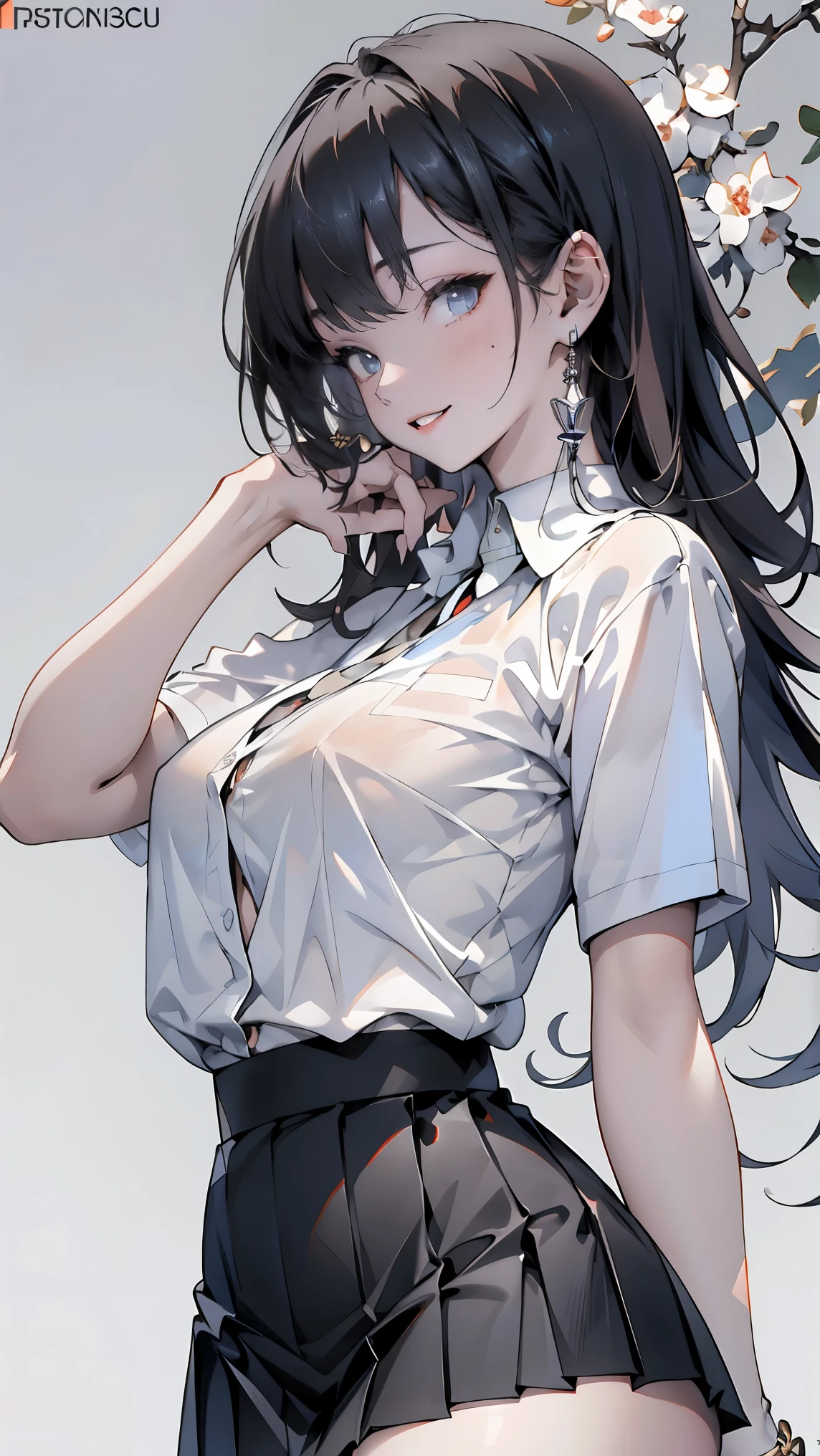 White background,high definition pale color art:0.7 , animation, Marble Skin, ((( Ultra-detailed and elegant ))), detailed skin,front view, texture ,( in fine detail, details, Ultra Precision Art), depth of field, Bokeh, Silky Touch, hyper-detailed , 1girl, busty,dark hair:1.1,(white shirt on Gray cardigan with 4 lines on the right sleeve:1.2), Grey pleated mini skirt,nsfw,smile,