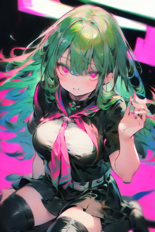 Manami, green hair, pink eyes, black seifuku, short sleeves, stockings, boots, large breasts, crt tv