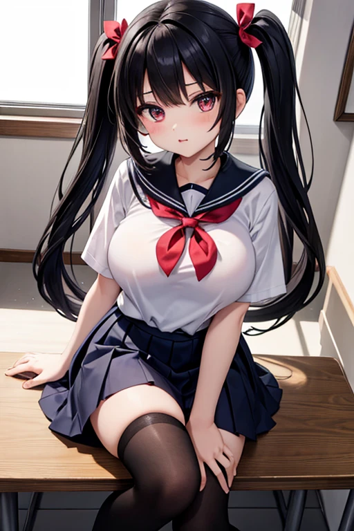 A sexy women, sexy body, curvy body, long straight black hair, twintail hair, red eyes, sexy lips, make up, red colored eyeline, smile, big breasts, sexy hips, sexy expression, anatomically correct, super detail, high quality, highres, 4K, (full body shot), school girl, sailor , garter belts, stockings, sneakers, squatting