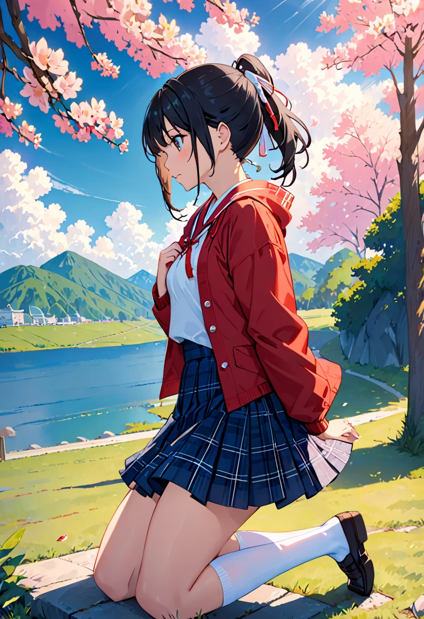  from the side 1 girl ,  nakiri It has, kneel,  thigh-length socks , navy  thigh-length socks ,  jacket,  plaid skirt,  put your hands on your chest , Outdoors, Anime_ screenshot_It has