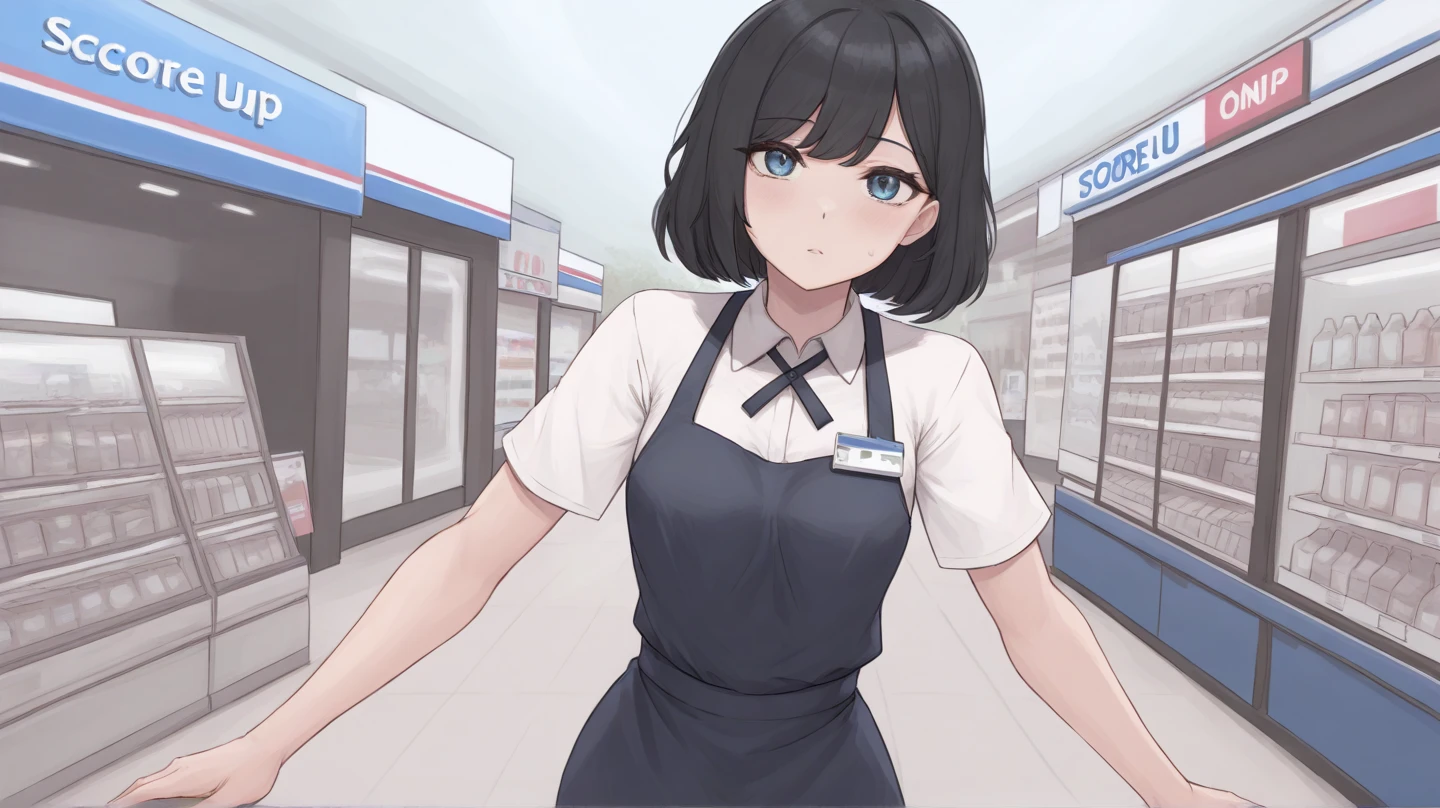 A girl with short black hair and small breasts with short black hair and blue eyes wearing blue convenience store clerk clothes works part-time at a convenience store