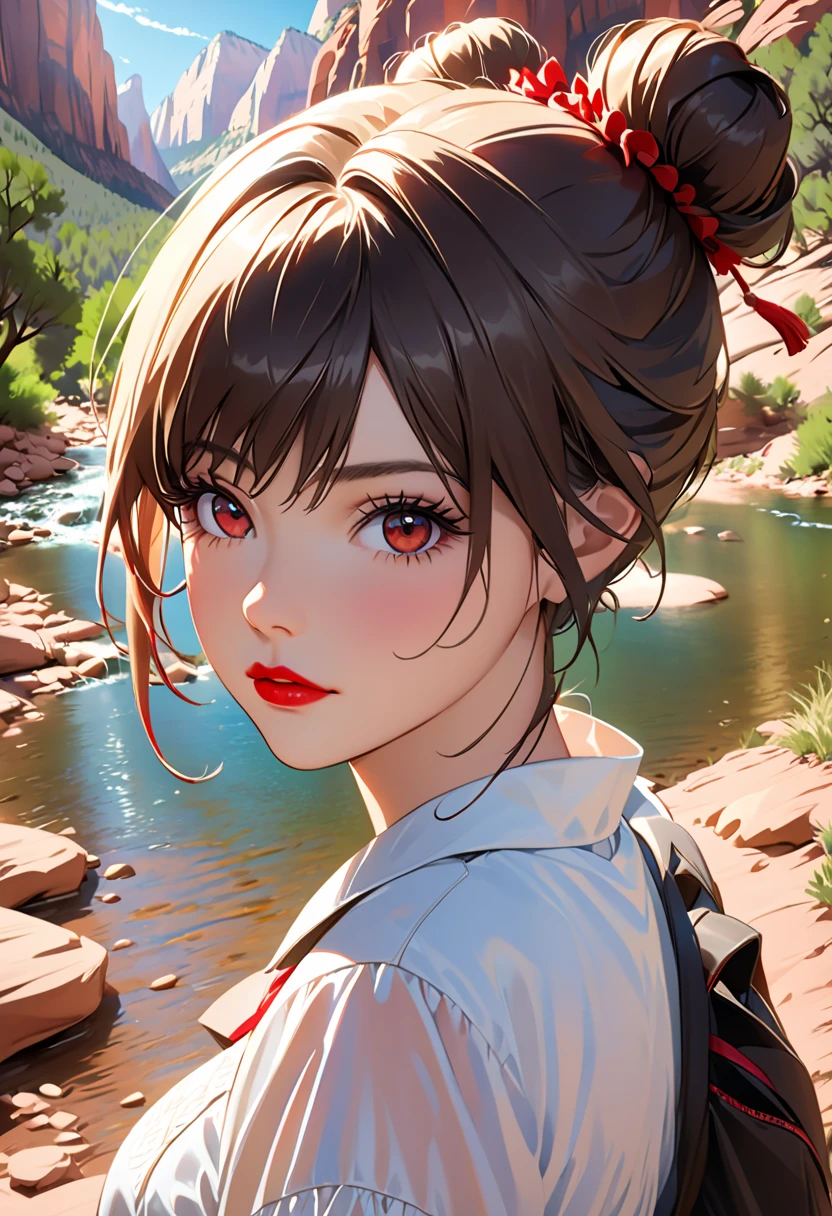 Josk River's Portrait of a Beautiful Woman with Hair  , double bun ,   Zion National Park Hiking Trails, Bright red lips, (Masterpiece) ( top quality) (  Details) (8k) ( high definition) ( wallpaper) ( cinematic lighting) ( sharp concentration) ( complicated)