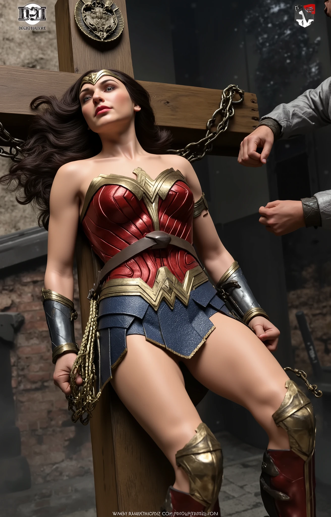 Gal Gadot is Wonder woman, lying unconscious, crucifixion on the cross, her wrist are bond by chain,
