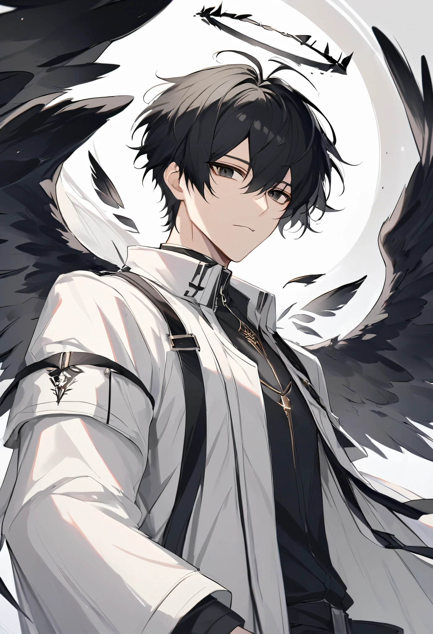 solo, handsome, 1 male, white coat, white shirt, short hair, black hair, black eyes, fantasy, black wings, black halo, arknights