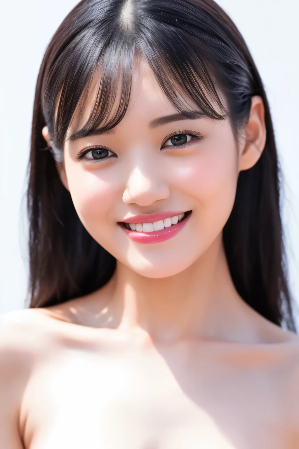 highest quality, masterpiece, Ultra-high resolution, realistic:1.3, solo, completed nude, white background, arms behind back, ((upper body)), from front, ((Clear Face)), looking at viewer, (small chests), long hair, smile, show nipple