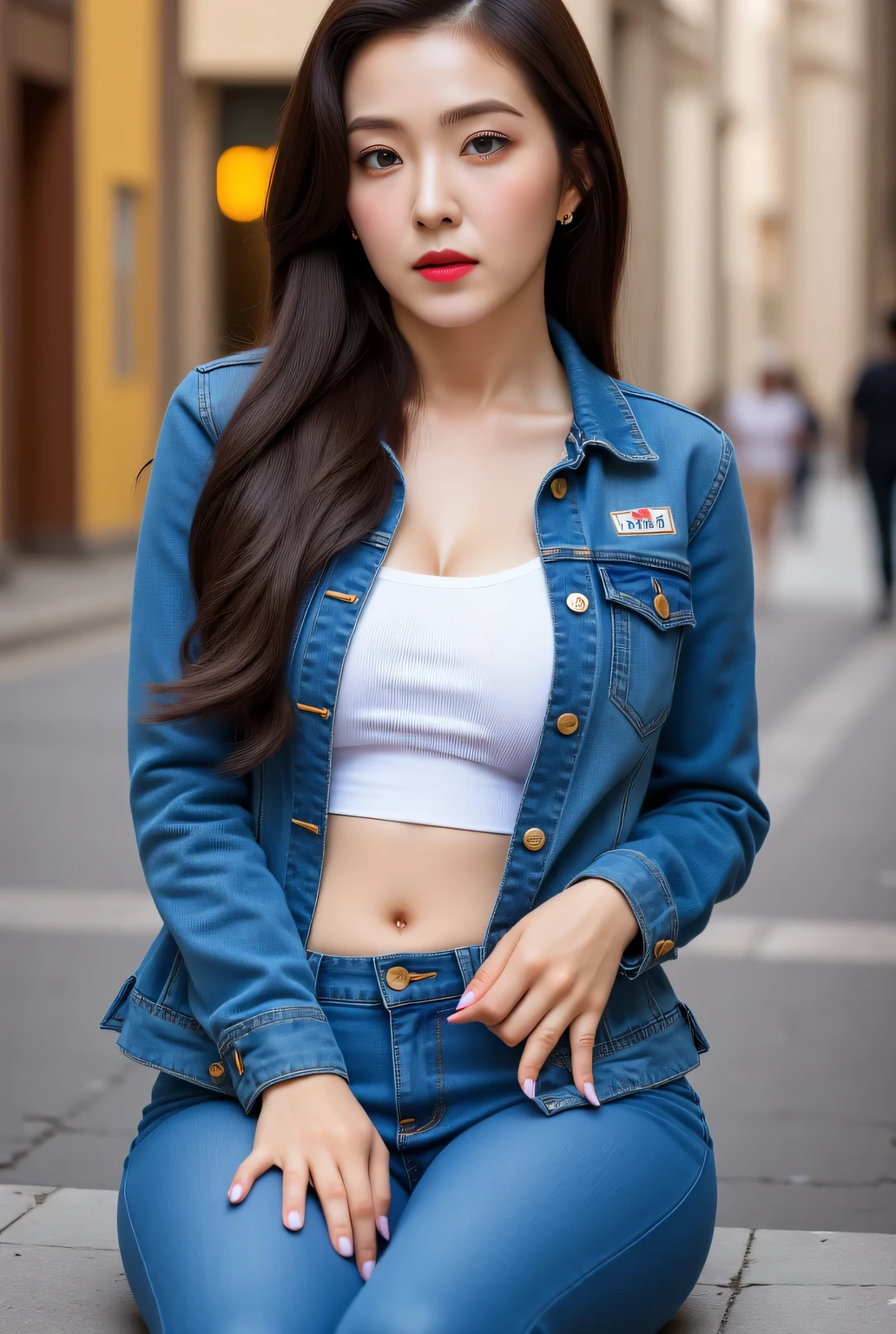  of a 25 year old woman, sitting facing forward, both hands on the thigh,  mouth wide open ,  thick dark red lips ,  using a denim jacket ,  white shirt , denim trousers bottoms,  very detailed image quality 