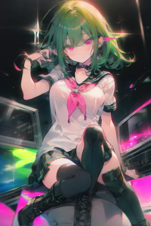 Manami, green hair, pink eyes, black seifuku, short sleeves, stockings, boots, large breasts, crt tv