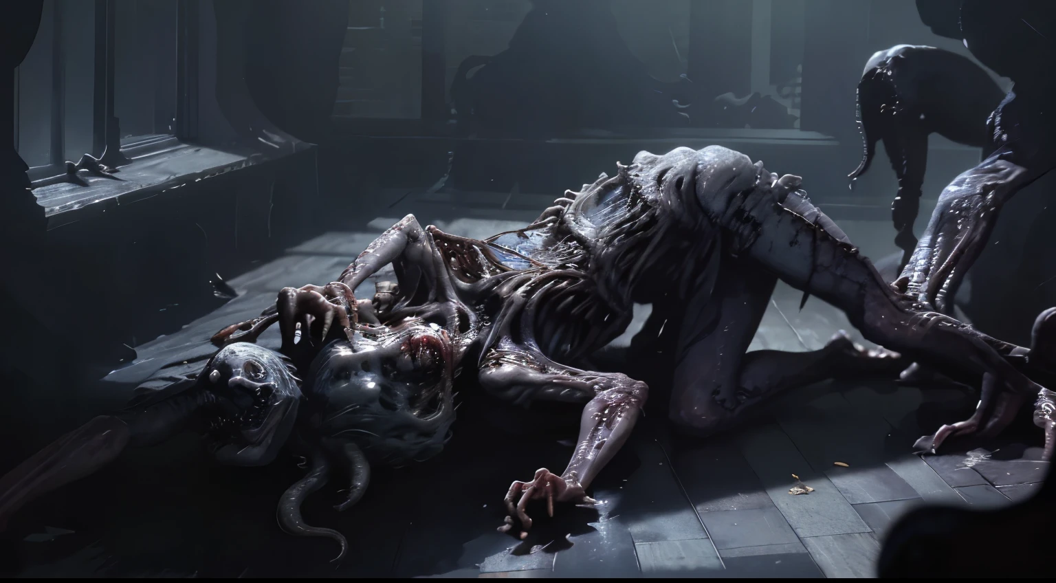  ((best quality)), ((masterpiece)), (detailed), a creature, pale, translucent skin, smooth skin texture like a dolphin, no hair, round head, (no face), (no eyes), (smooth face), (bright gums) like a shark's mouth, (a squid-like beak coming out of the mouth), (protrusions along a ridged back), (breathing holes along the chest), a tail that splits into three tentacles, long skinny arms that it walks on, where the legs would be is another set of arms that are used for grabbing, H R Giger, The Thing, xenomorph, necromorph, sci fi horror, cosmic horror