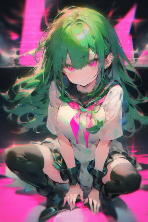 Manami, green hair, pink eyes, black seifuku, short sleeves, stockings, boots, large breasts, crt tv