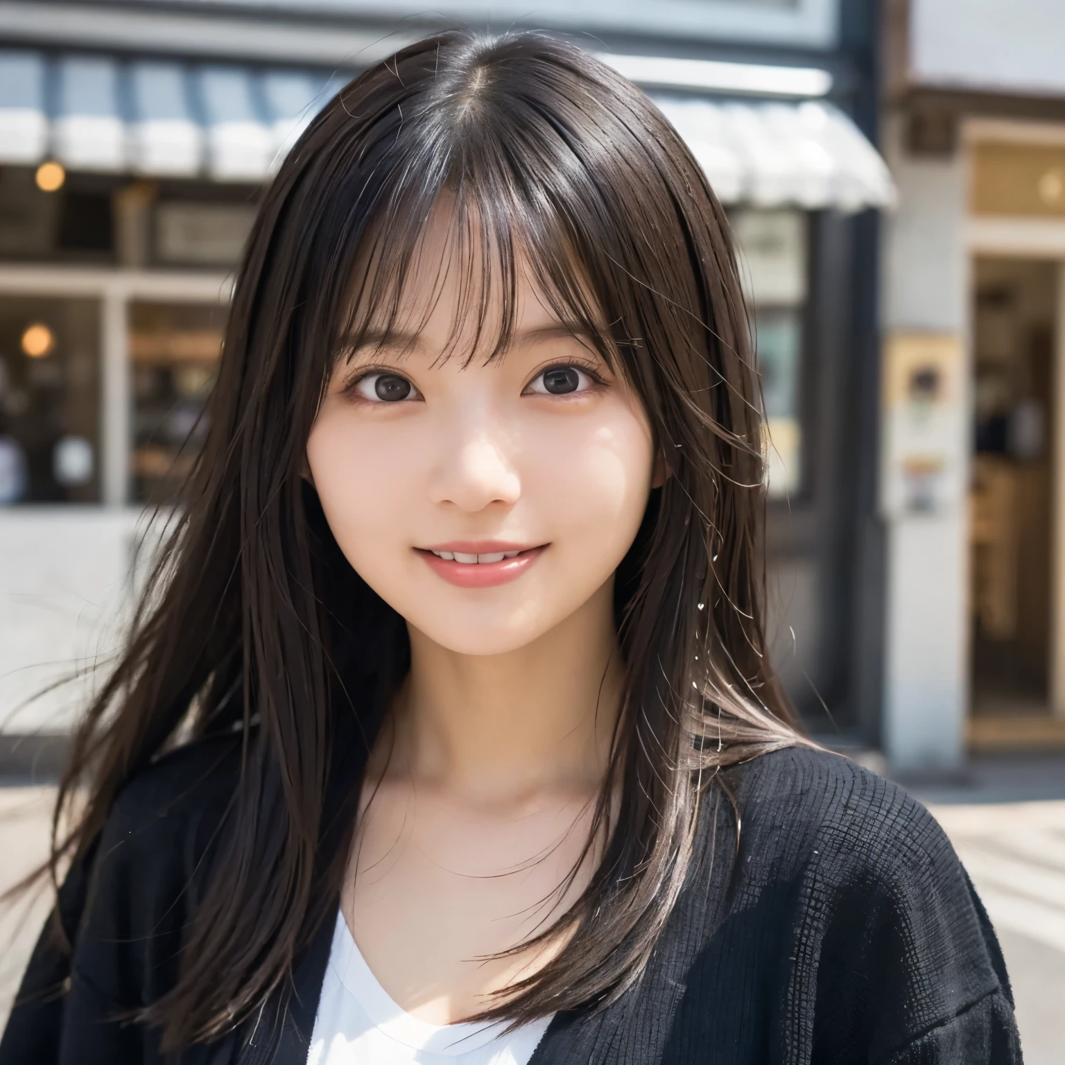 Hair swaying in strong winds ,  black cardigan,  plain white t-shirt, Street corner in the early afternoon , Blurred shop exterior, ( from the front:1.2), ( face close-up :1.4),( selfie:1.2),  smiling with her mouth open ,  girl, busty,  black hair,  straight hair,  with bangs, 's greatest masterpiece,  professional lighting