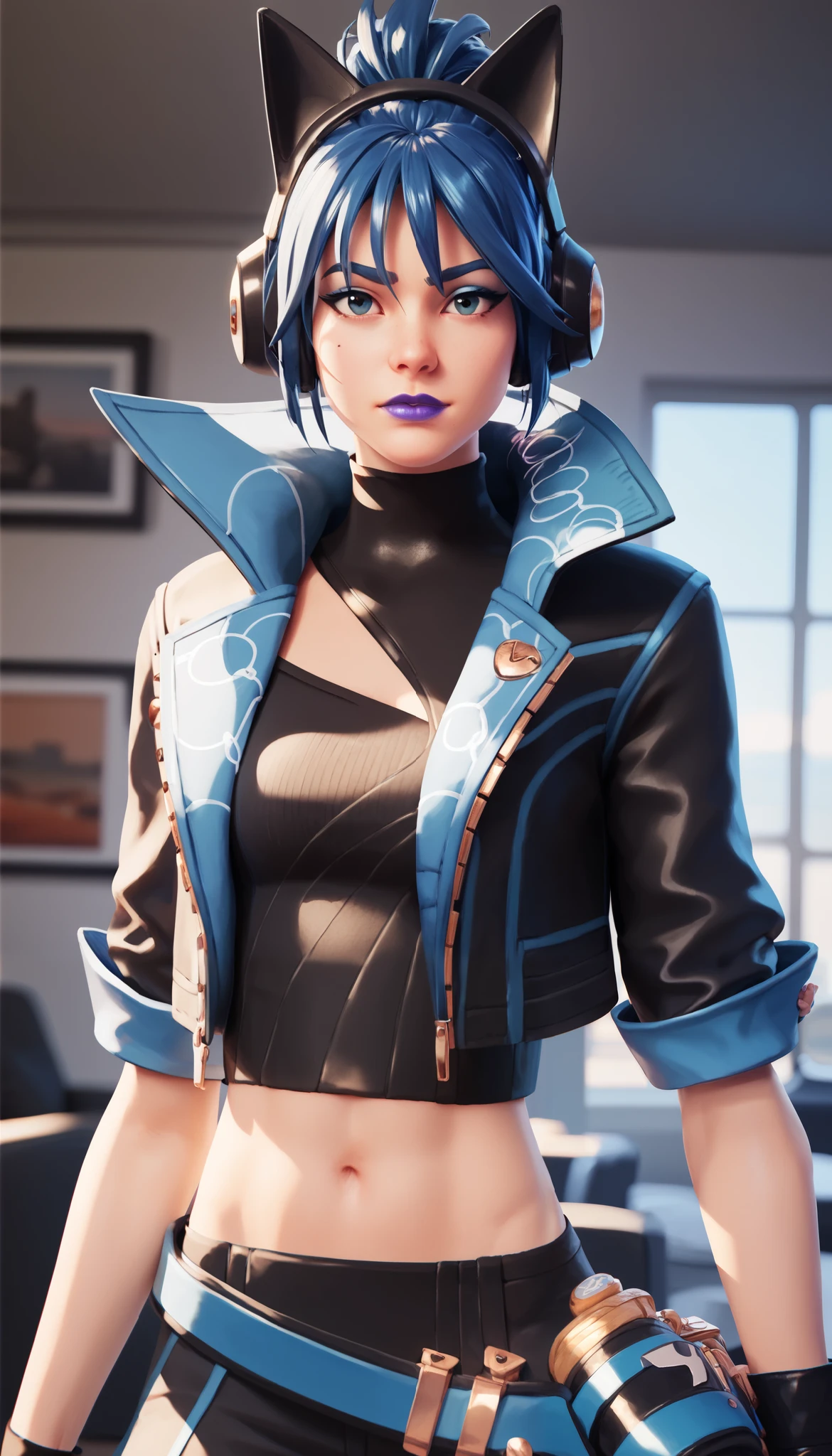 BREAK,  FNHeroHop, blue hair, cat ear headphones, short ponytail, blue eyeshadow, blue eyes, purple lips, open collared jacket, clothing cutout, short sleeves, black turtleneck, midriff, fingerless gloves, utility belt, normal face expression, looking at viewer, 1 girl, solo, living room background, 3D