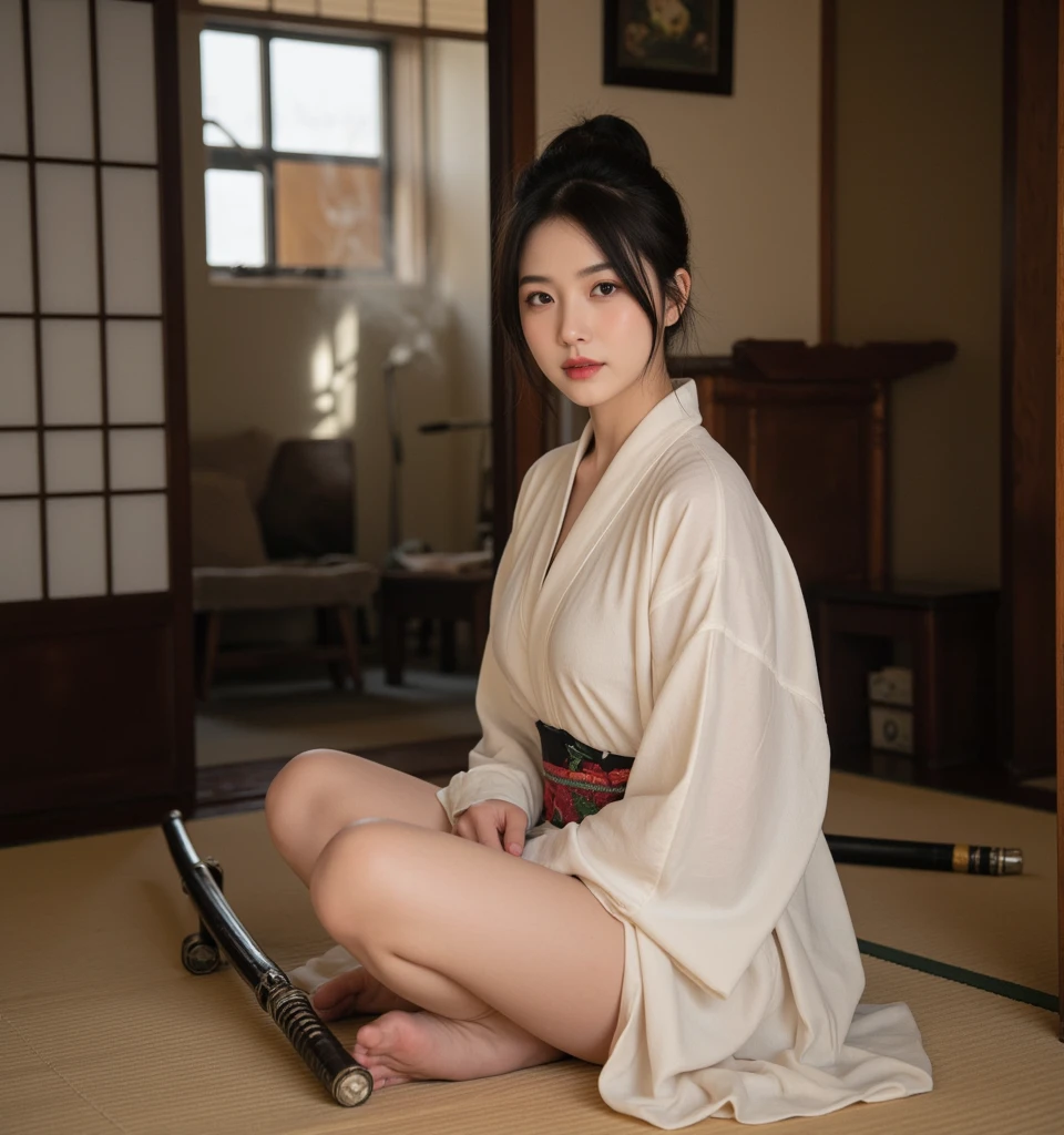 RAW photo, Full portrait of a Japanese female samurai warrior holding a longsword ((intricate detail of sword blade)), (sitting cross-legged), (Detailed Face), (beautiful glossy eyes:1.1), (highly detailed skin:1.1), ((expression of meditation or lost in thought)), perfect slim body, wearing an elaborate silky textured kimono with intricate imari ware design similar to Japanese ceramics of the Edo period, simple handmade jewelry,  modelshoot, Fashion Photography, rococco lighting, PHOTOREALISTIC, Realistic, (surrounded by a dark temple in candlelight), blurred background, RAW, analog, sharp focus, UHD, HDH, HDR, 8k, 16k, 32k, high resolution, DSLR, high quality, Fujifilm XT3, grain, award winning, masterpiece,