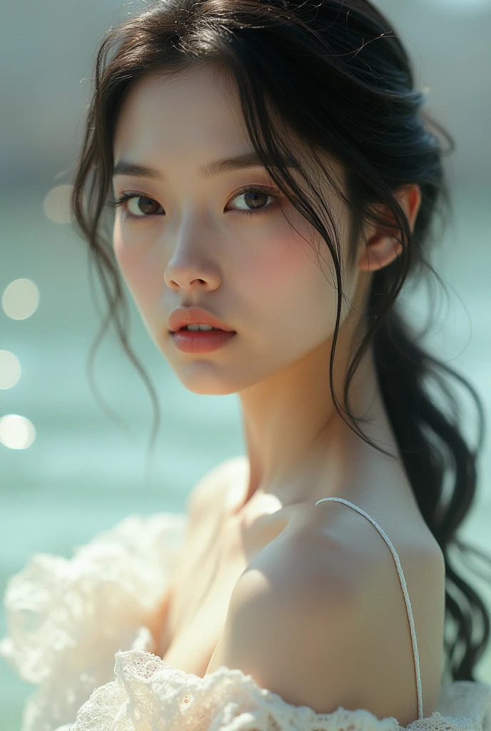 (Highest quality, 4K, masterpiece :1.3), Beautiful woman, One girl, sexy :1.1, Dark brown hair: 1.1, (It rained and I got wet, Raindrops, Wet body :1.2), White vest, Highly detailed face, Detailed lips, Dark Eyes, Detailed eyes, double eyelid