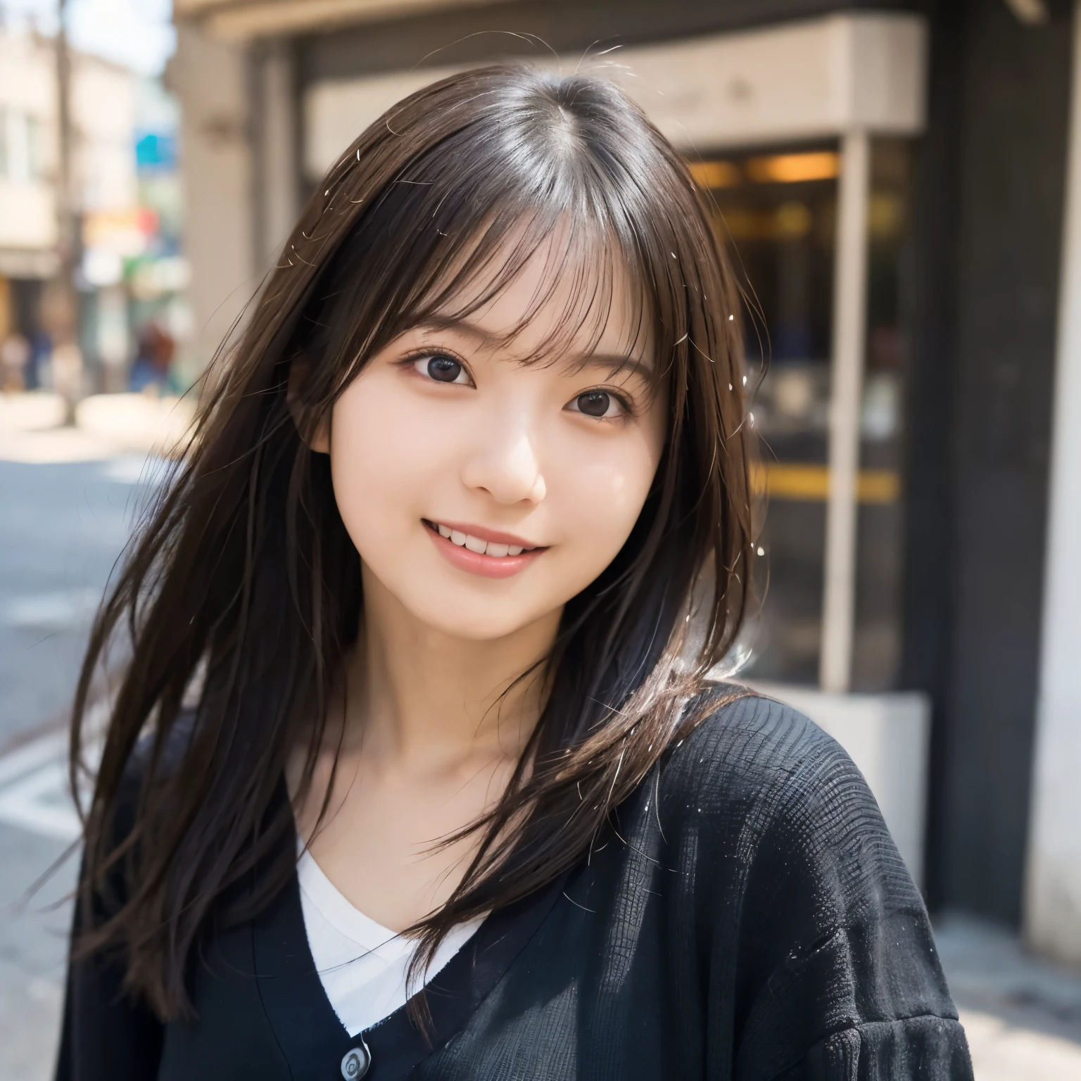 Hair swaying in strong winds ,  black cardigan,  plain white t-shirt, Street corner in the early afternoon , Blurred shop exterior, ( from the front:1.2), ( face close-up :1.4),( selfie:1.2),  smiling with her mouth open ,  girl, busty,  black hair,  straight hair,  with bangs, 's greatest masterpiece,  professional lighting