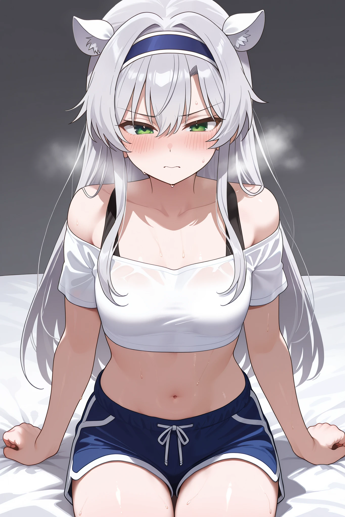 masterpiece, best quality,anime style, 1 girl,(((slender body))), (((small breast))),(((hot pants, white tanktop,red tie))),(((((a gorilla man grabbing the girl))))), ((((restrained, arms behind back)))),((((cum)))), (beautiful face), (((long hair))), (((straight hair))), ((((silver hair)))),detailed beautiful skin, (perfect hands, perfect anatomy)