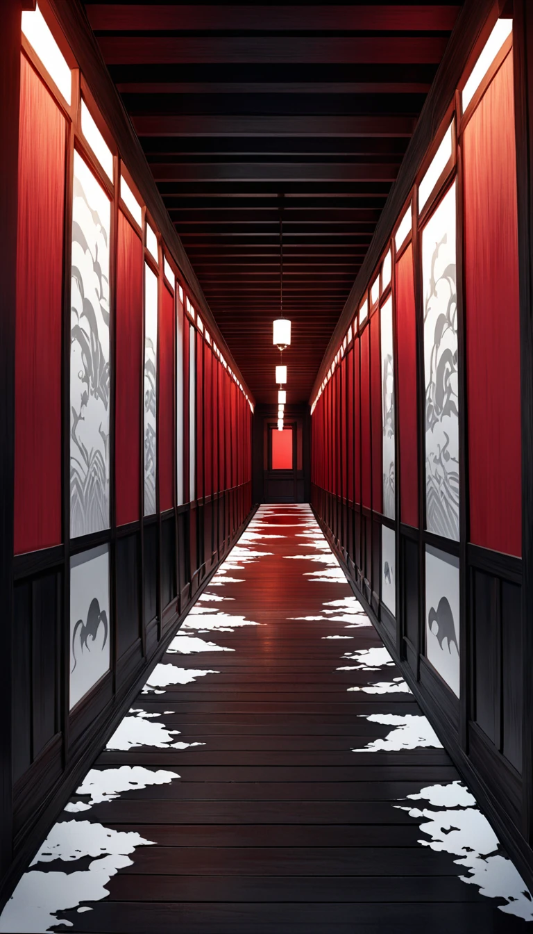 A hallway where you can't see ahead, Create an image in traditional sumi-e style depicting an endless dimly lit Japanese wooden corridor, The corridor is illuminated by flickering lanterns casting eerie shadows along the walls, Oni's footsteps are imprinted on the wooden floor glowing faintly with an ominous red hue and creating a sense of malevolent presence, Shadows of Oni figures playfully dance along the hallway leaving ghostly trails, The footsteps shimmer and move as they progress forward evoking a feeling of dread and mystery, ((( white backgrounid 、a white world))), unity 8k wall paper, ultra-detailliert, Beautifully Aesthetic, ​ masterpiece, top-quality, ighly detailed, Dynamic angles, The most beautiful forms chaos, elegent, Brutalist design, Vibrant colors, romantism, Atmosphere, 16k