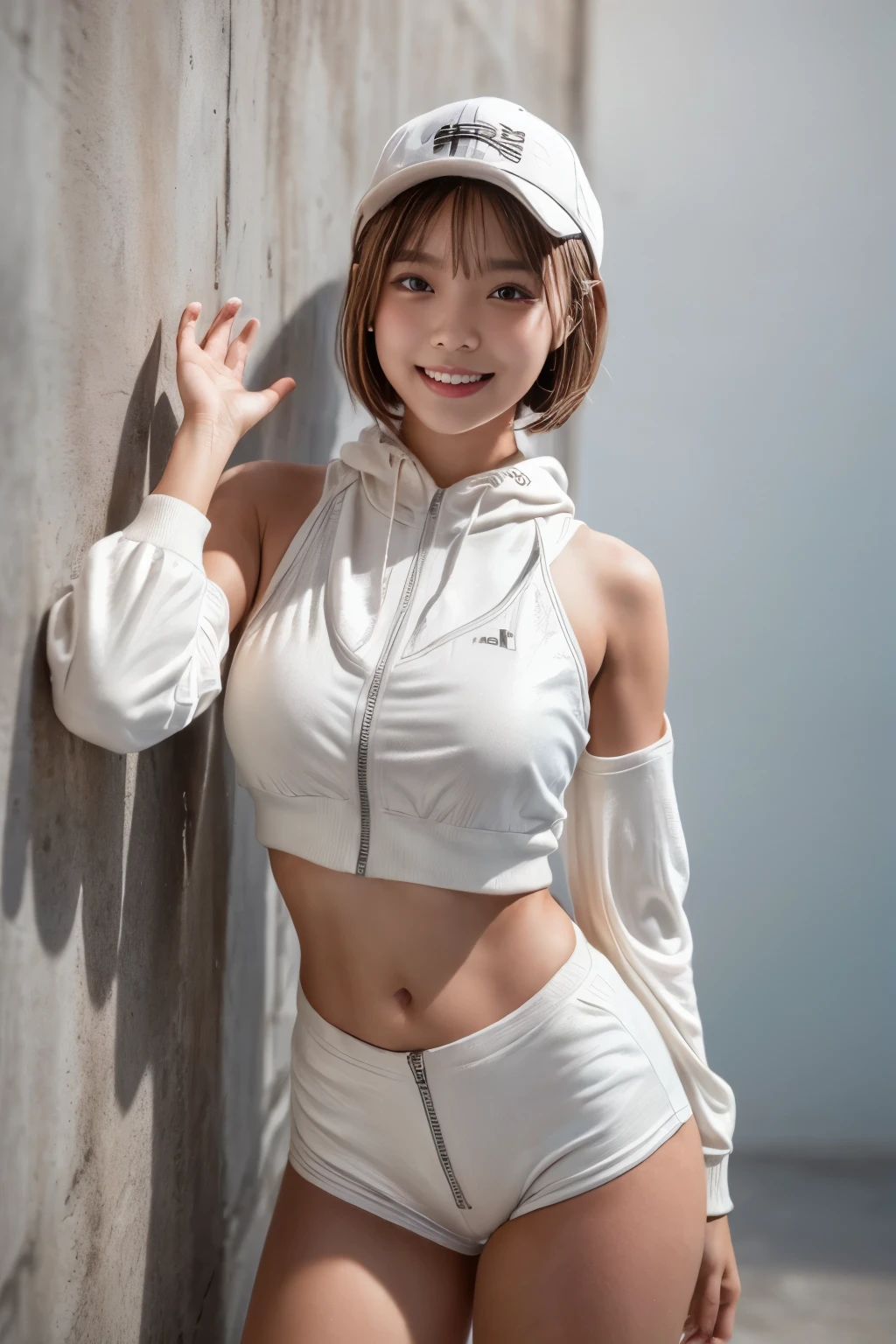 (masterpiece:1.3), (8K, Realistic, RAW Photos, Best image quality: 1.4), (((Absolutely shoulder-length Silver straight short bob))), raw photo, Super realistic photograph, One girl, alone, Half Japanese and half Korean, Tomboy, Super detailed face, (head shot:1.5), smile, (huge Laughing:1.1), (open mouth:1.1), with one hand raised and waving, Big Breasts, big ass, tanned skin female, (tanned skin:1.4), He is wearing a white short tank top and an unzipped hoodie, The chest is visible, Wearing a New Era cap, Standing against a wall covered in hip-hop graffiti, 