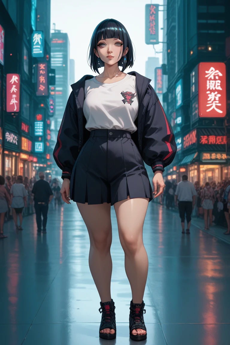 cinematic visuals of a beautiful curvy woman hinata hyuga have a katana sword tattoos cyberpunk cyberpunk city body sharp gaze full body  sexy pose neon mini skrit